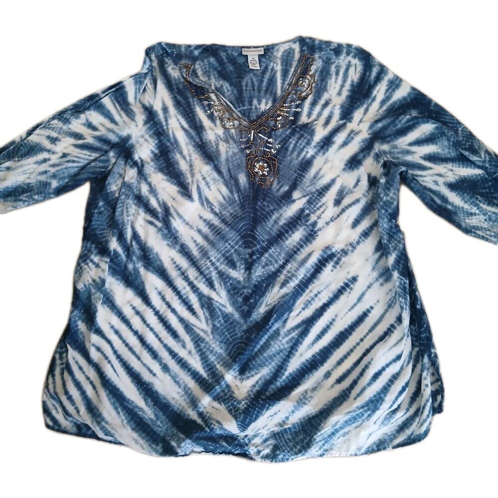 Catherines Tie Dye Embellished Tunic Size 3X Blue Beaded Sequin Cotton 3/4 Sleev